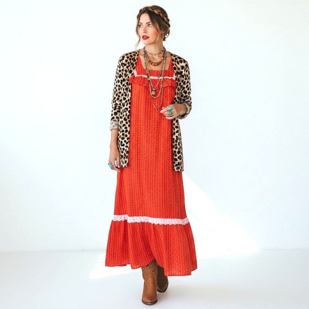 Nalii Honolulu Vtg Boho Calico Dress Size 0 XS PTP 16" Eyelet Trim Empire Waist